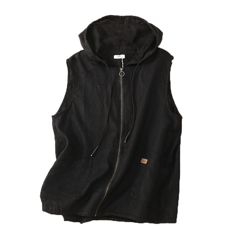 Real shot 2025 spring new literary and retro hooded solid color casual loose sleeveless vest vest vest short coat women