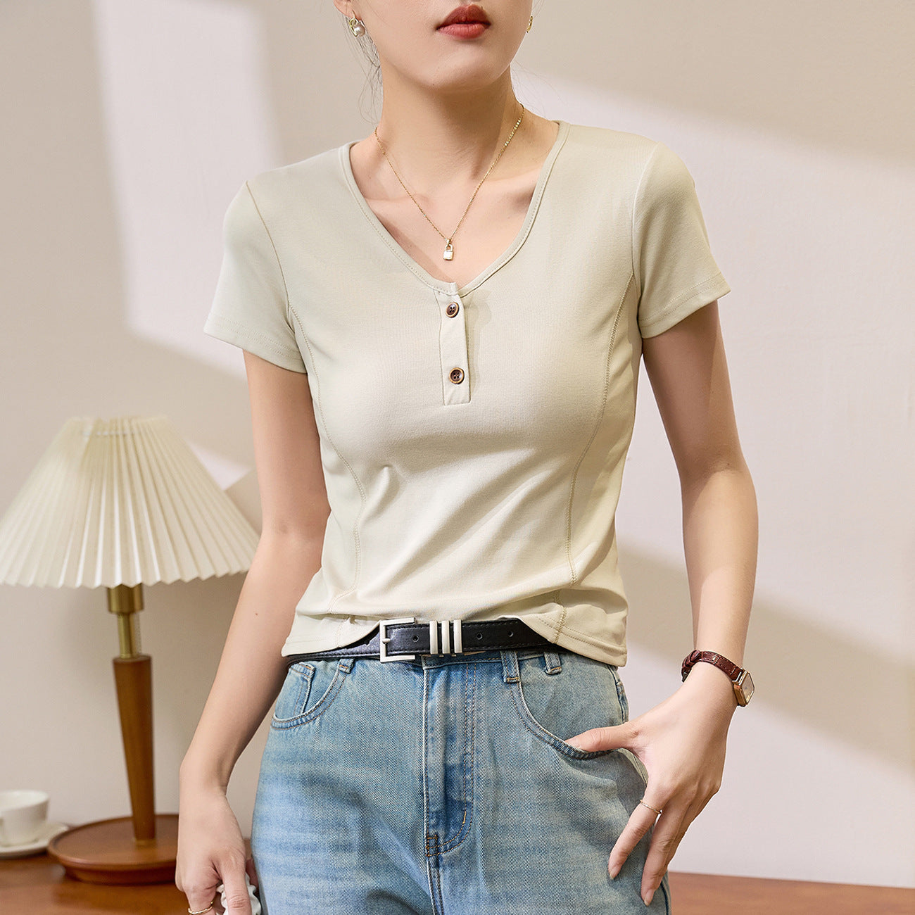 #Combed pure cotton #Premium design sense V-neck short-sleeved T-shirt women's summer 2026 new retro button-up front shoulder top