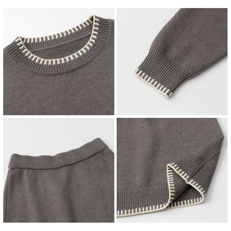 CHICVEN "Free Run" Winter New Lazy Crew Neck Contrasting Edge Sweater Knitted Skirt Set
