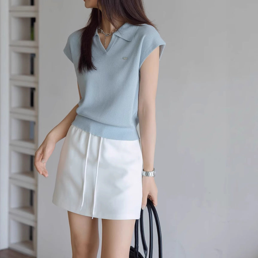 White linen tencel lapel knitted short-sleeved women's commuter new summer temperament short polo shirt and top