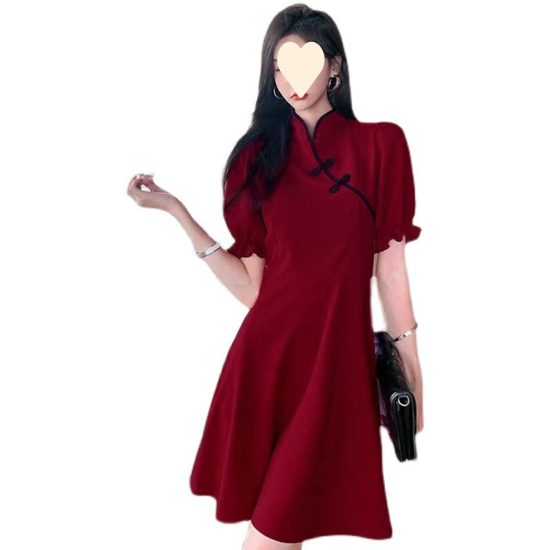 Improved version of cheongsam black dress women's medium and long waist thin a-word skirt bubble sleeves high waist temperament skirt