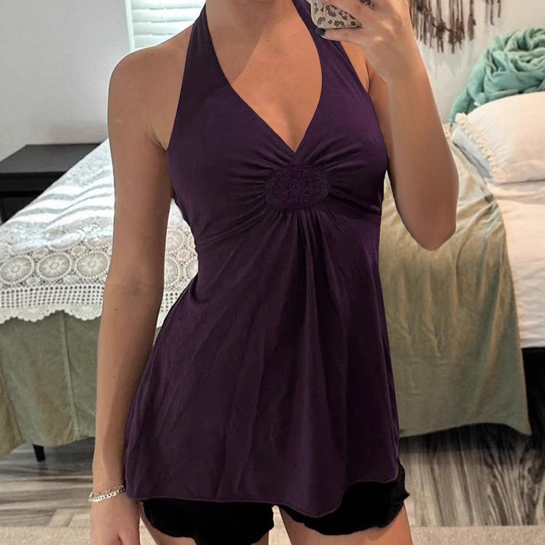 French sexy lace splicing neck halter A pendulum sling vest Spice girl temperament slim knitted top