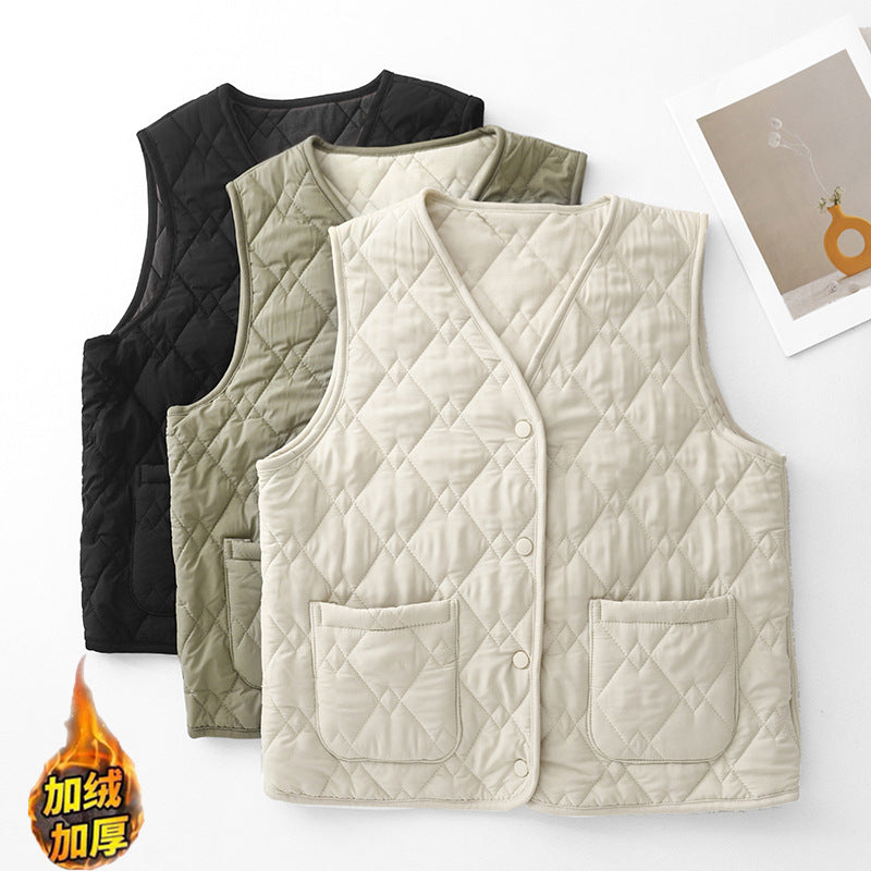 Real shot V-neck vest 2025 winter new women's sleeveless double pocket simple single-breasted vest top