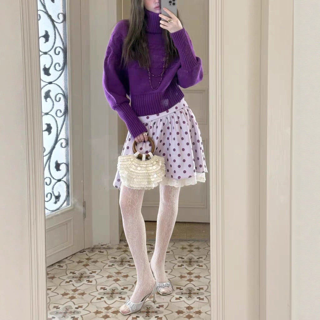 RunSweet original 100 wool retro wisteria flower temperament lazy loose purple turtleneck sweater women