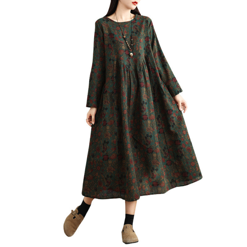 The real shot is the new cotton and linen printed long-sleeved dress in the spring of 2025. Women's loose large-size thin splicing A-shaped skirt