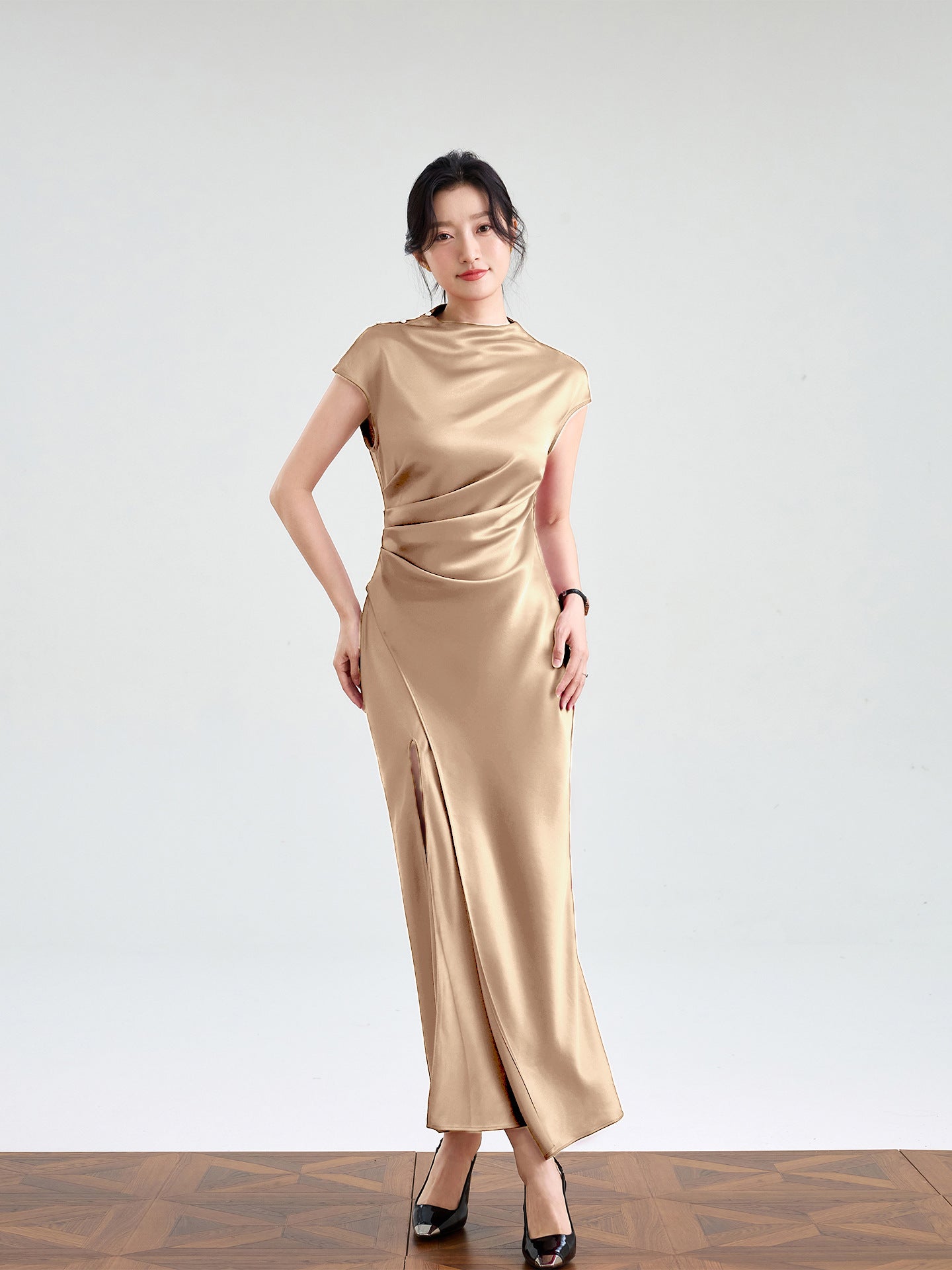 Haute couture imported acetic acid, pure desire style semi-turtleneck satin dress temperament thin split fork fish tail long dress French