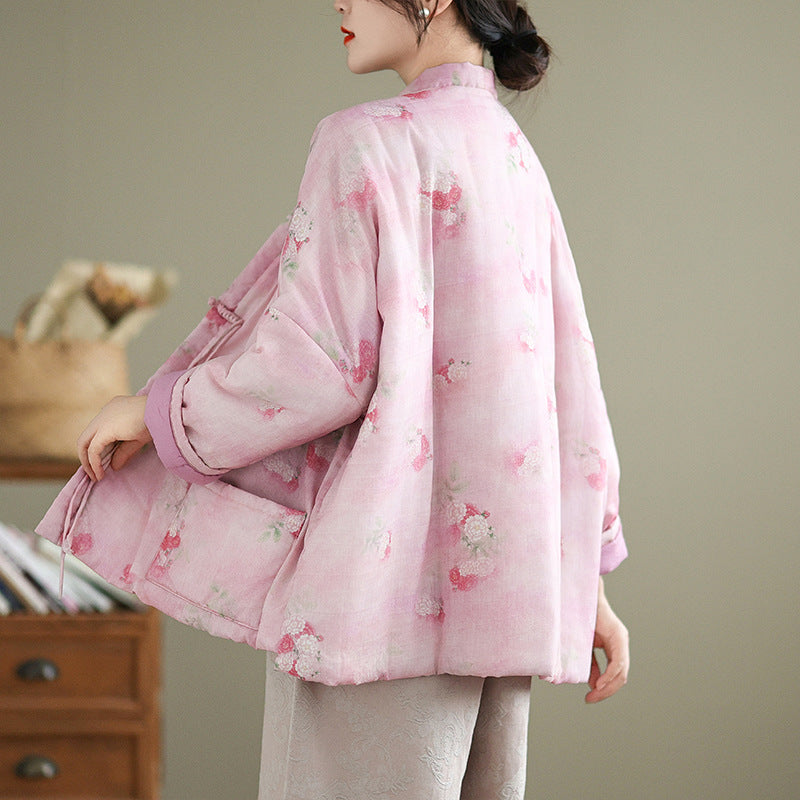 Real shot 2025 autumn and winter new retro national style buckle loose and thin V-neck open chest large size warm cotton-padded clothes