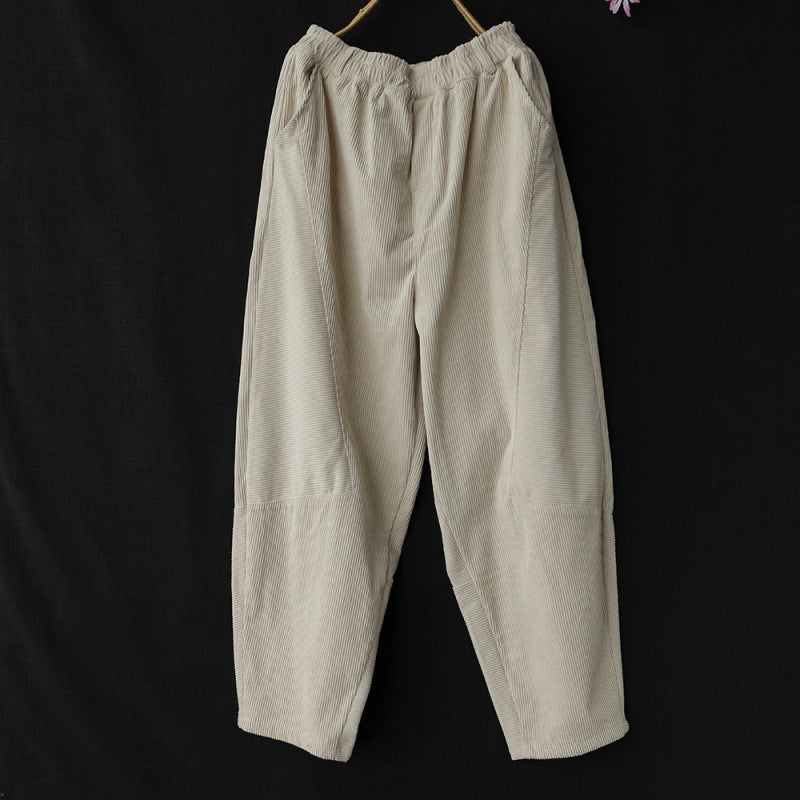 2024 autumn new retro corduroy casual elastic waist loose and thin solid color Harlan trousers women