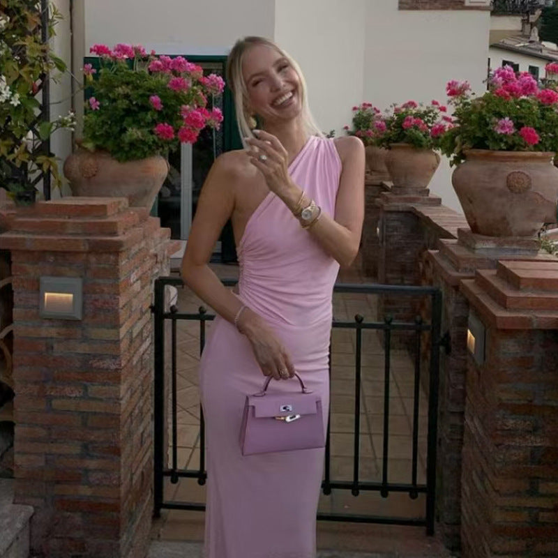 New cross-border sexy pink slanted shoulder back strap French dress long dress slim fishtail seaside dress