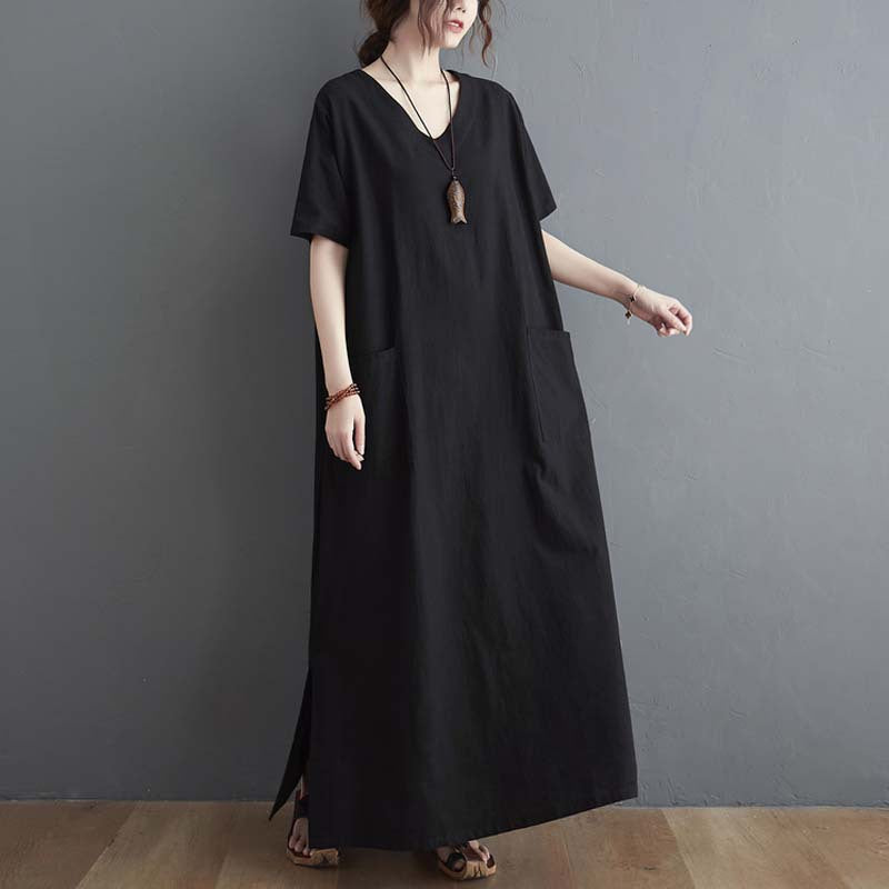 The real shot is in the summer of 2025, the new literary large size loose solid color V-neck short-sleeved dress, women's long dress 6385 #