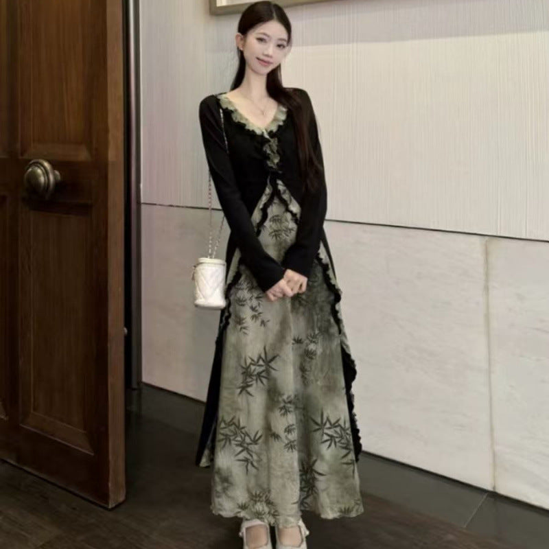 Large size new Chinese style fake two-piece dress women's clothing autumn pear-shaped body skirt fat MM thin A-shaped skirt