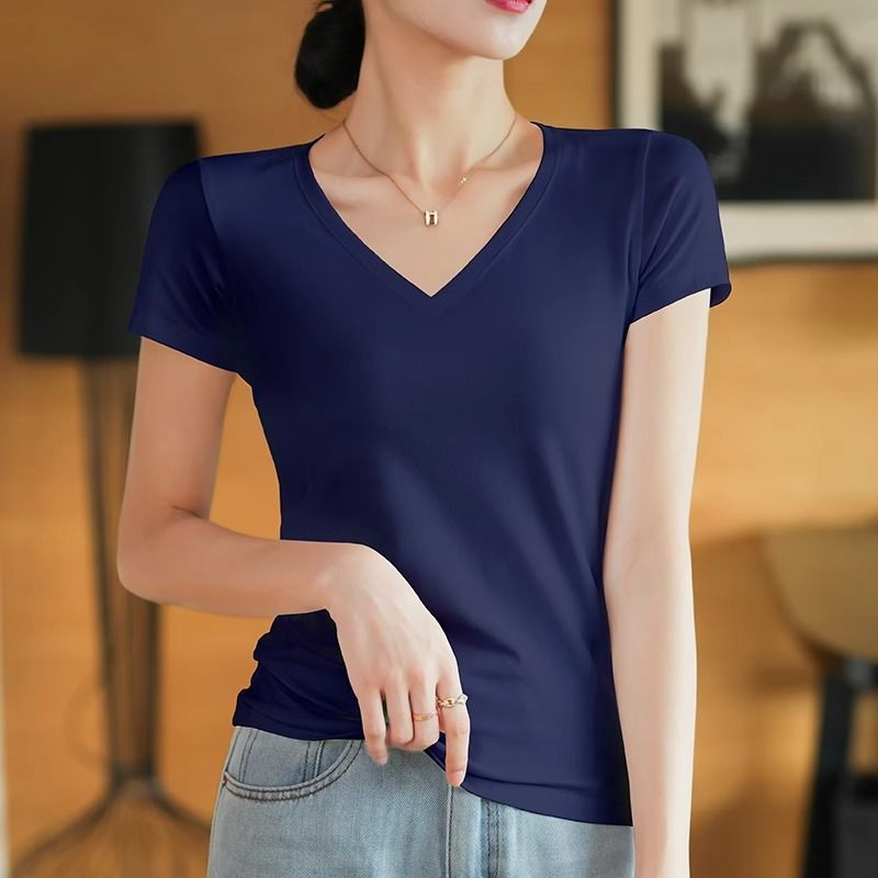Lotus root pink short-sleeved t-shirt women's pure cotton high-end sense, unique and beautiful waist pinch and thin short slim-fitting front shoulder top