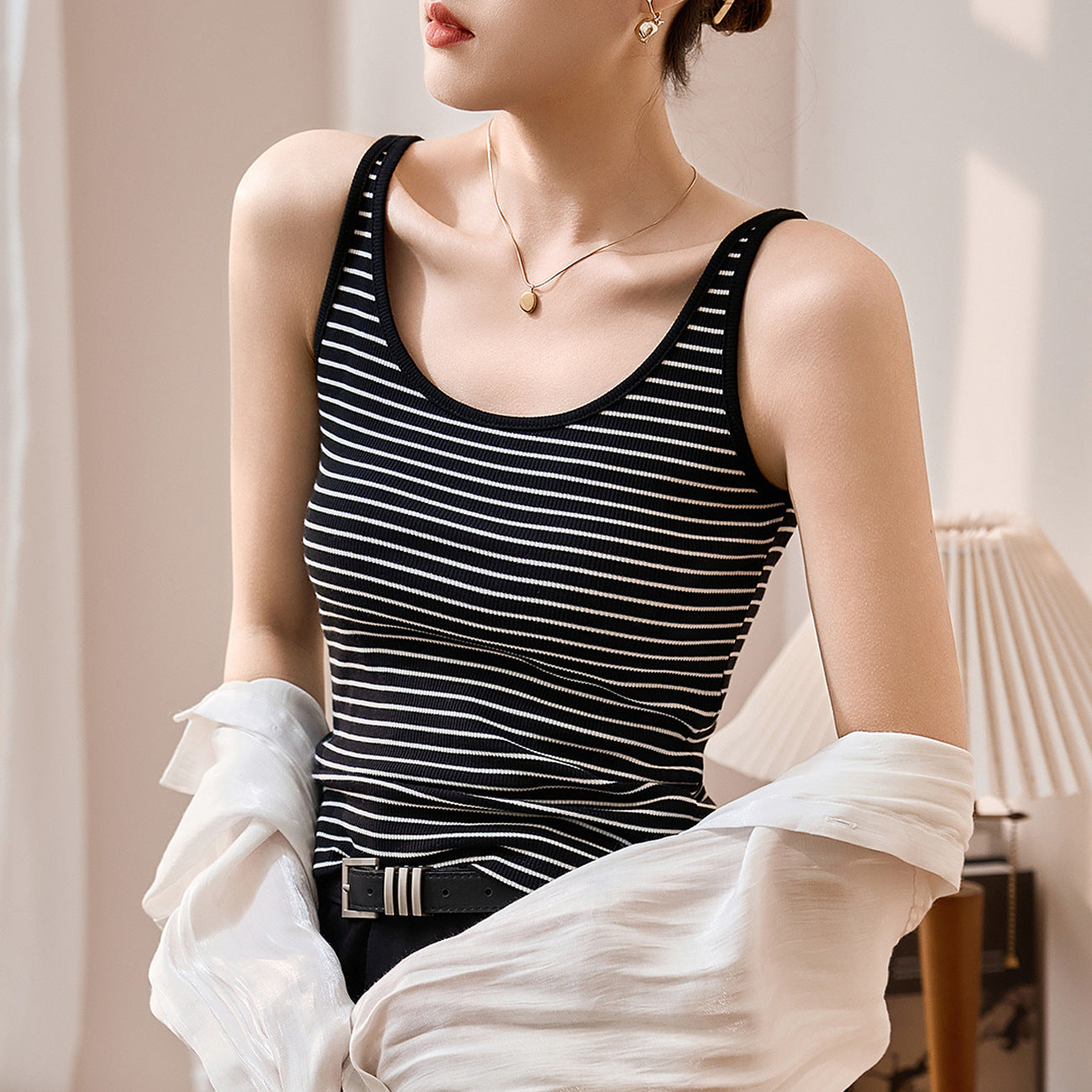 Selection of 260g pure cotton striped sling vest women's summer 2026 new U-neck slim-fitting and thin bottom outer top