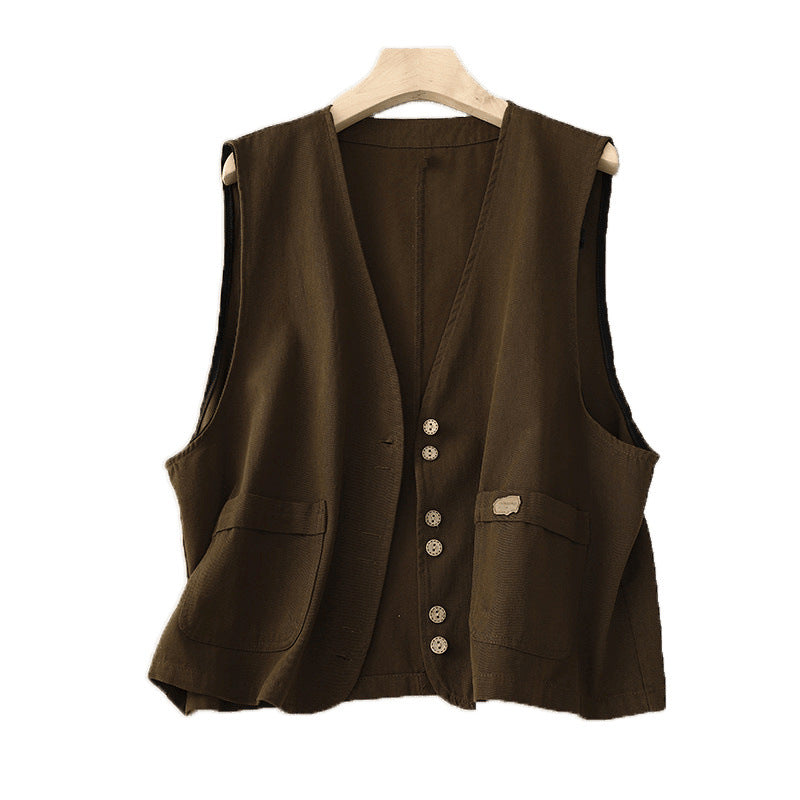 Real shot 2025 autumn new literary twill cotton vest vest sleeveless vest wear short vest women