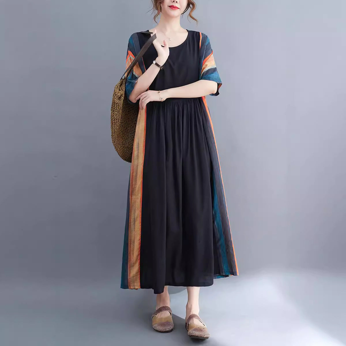 Real shot 2024 summer new literary large size loose striped cotton and linen short-sleeved dress women's long dress 6181 #
