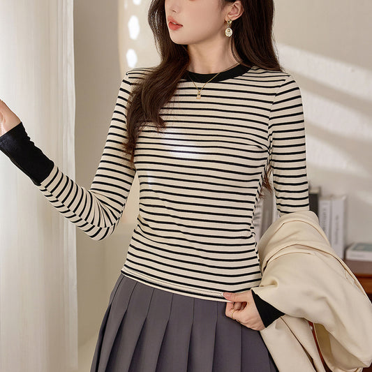 #Quality to do high-quality #high-end sense contrasting color striped T-shirt women's long-sleeved 2026 autumn and winter new foreign-style pure cotton bottoming shirt