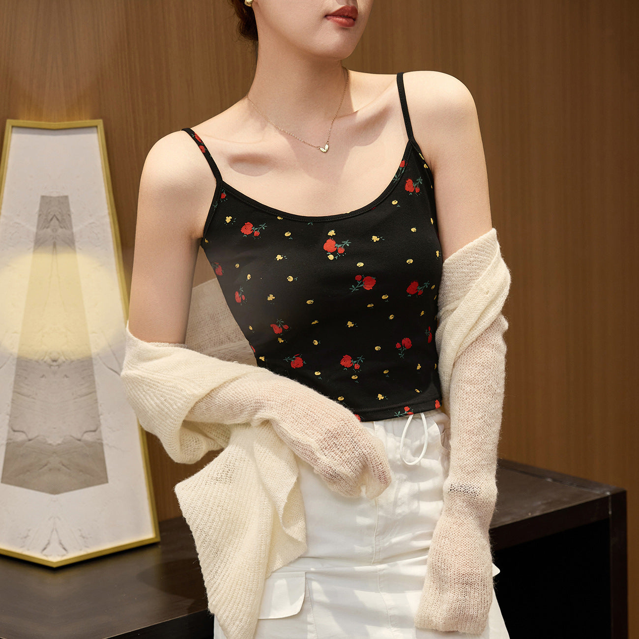 #260g精梳纯棉# 碎花蕾丝花边V领吊带连衣裙女夏新款开衩显瘦长裙