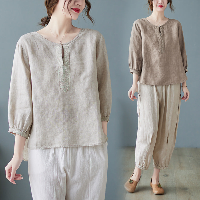 Real shot 2024 summer new cotton and linen literary and retro loose short-sleeved shirt top T-shirt women