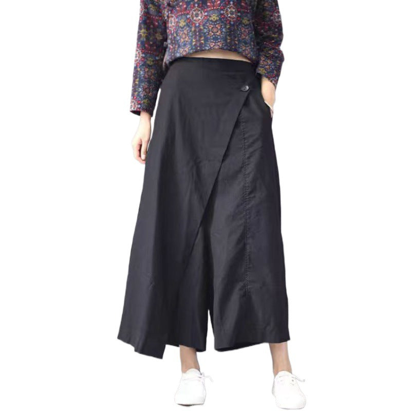 In the summer of 2024, the new cotton and linen literary loose large-size wide-leg pants with elastic waist and irregular swing skirt pants for women