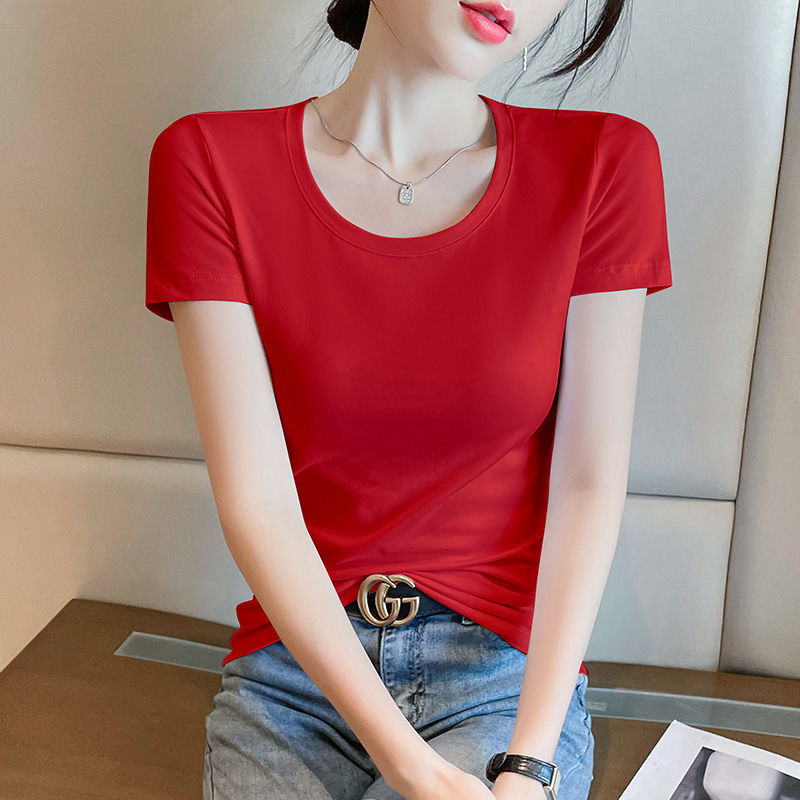 Lotus root pink short-sleeved t-shirt women's pure cotton high-end sense, unique and beautiful waist pinch and thin short slim-fitting front shoulder top