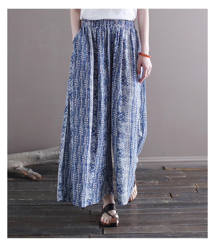 2024 summer thin literary cotton and linen wide-leg floral ethnic style loose batik elastic waist culottes straight-leg pants women