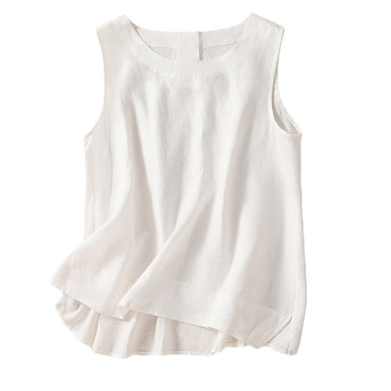 Real shot 2025 summer new literary loose solid color cotton and linen round neck sleeveless T-shirt women's vest top 9288 #