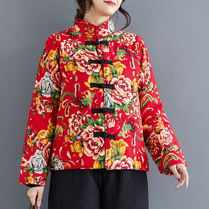 The real shot will be in the autumn and winter of 2025, the new ethnic style peony flower plus cotton button short cotton-padded clothes.