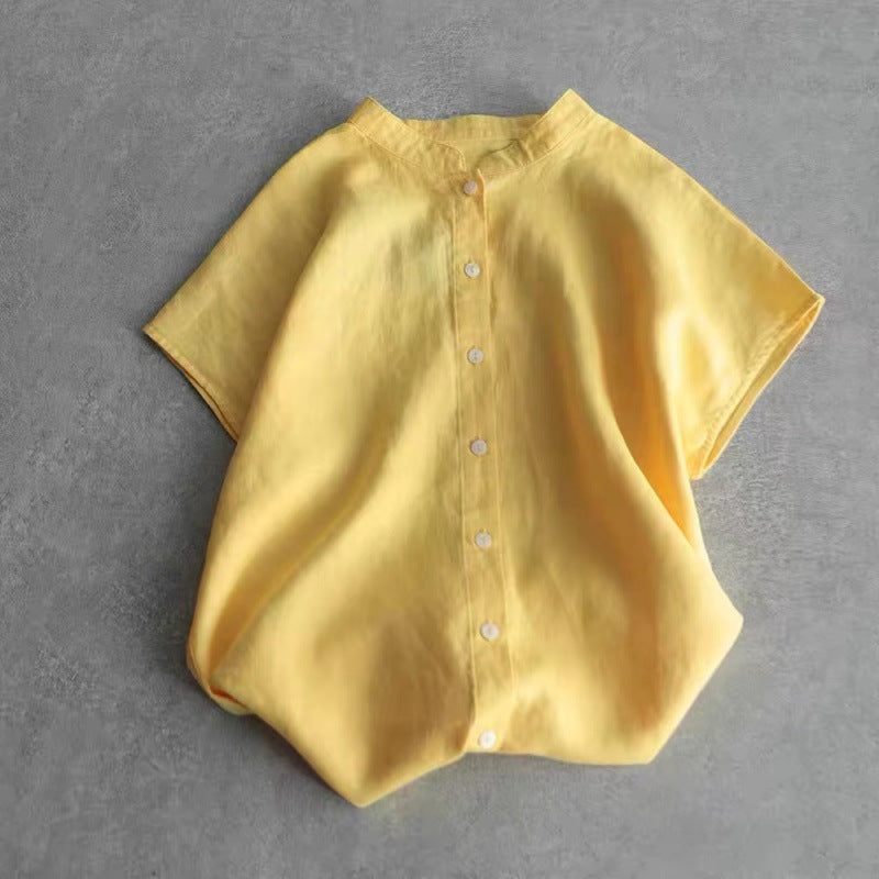 2025 summer new literary loose solid color cotton and linen stand-up neck short-sleeved shirt women's shirt top #8889