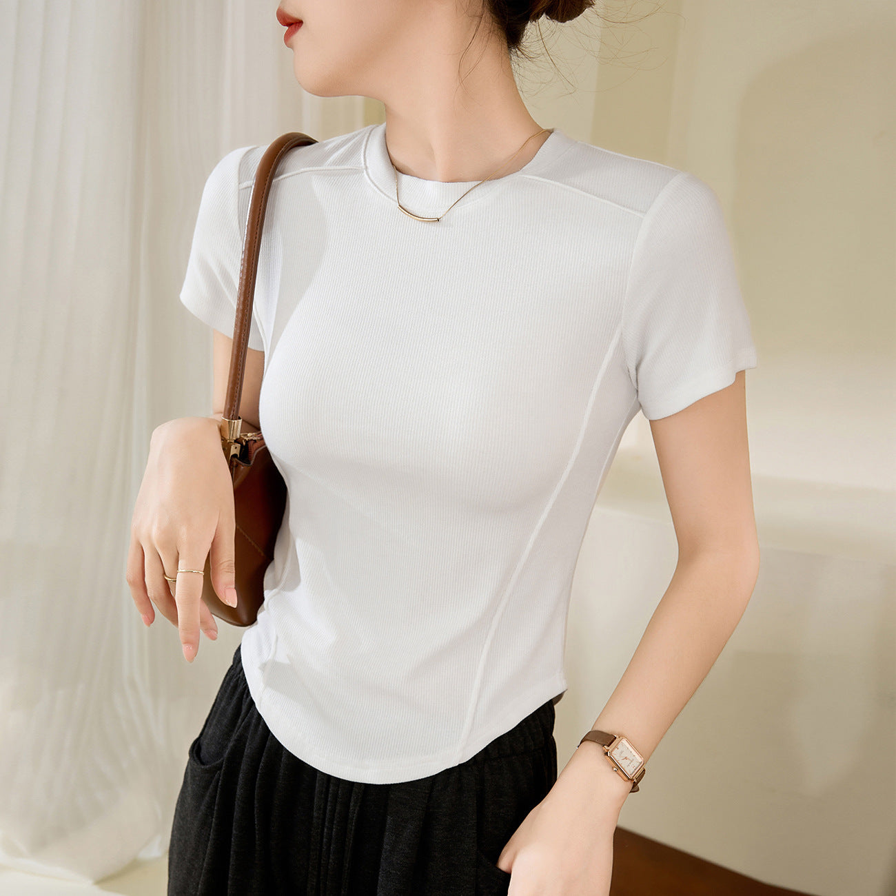 [Use good materials] Three-dimensional line design sense high elastic threaded cotton T-shirt women's summer new short-sleeved top bottoming shirt