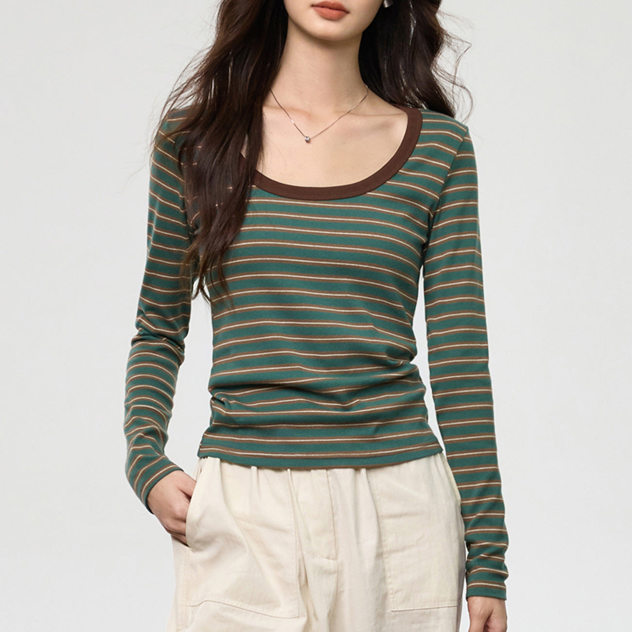 #Selection of pure cotton #Contrasting striped bottoming shirt for women with 2026 new foreign style big round neck long-sleeved T-shirt top