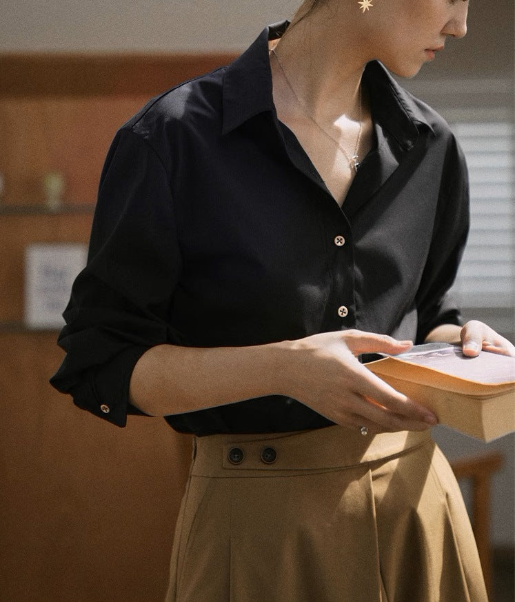 Jicouture Black Gold Buckle Classic Versatile Shirt French Retro Fashion Long Sleeve Top Women's Premium Autumn