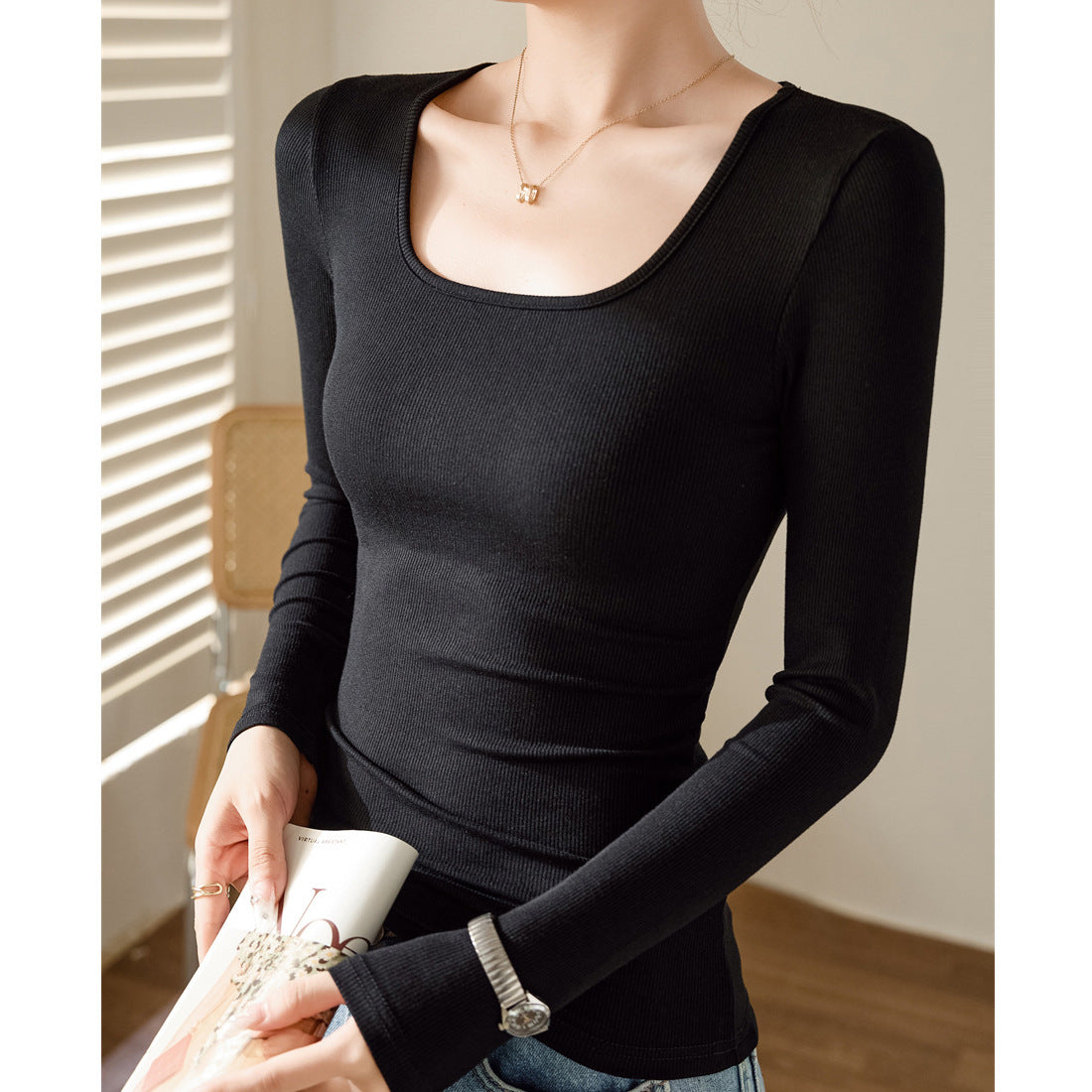 High elastic thin threaded cotton square neck T-shirt women's long sleeves 2026 autumn and winter new outer wear front shoulder tight bottoming shirt top
