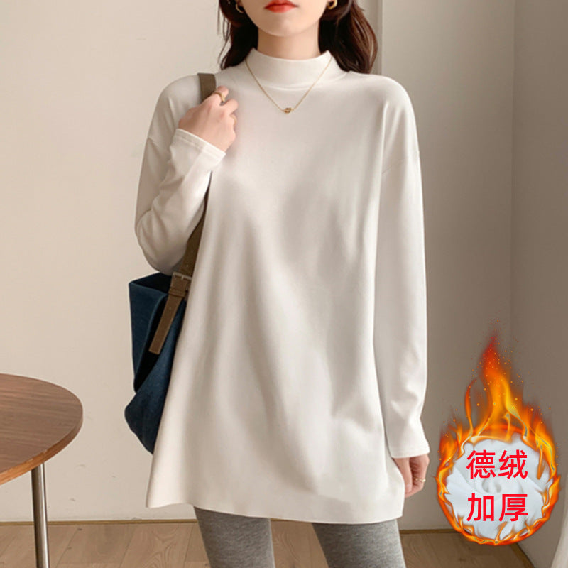 German velvet long-sleeved t-shirt for women's spring and autumn medium and long loose white warm inner top bottoming shirt velvet thickened winter