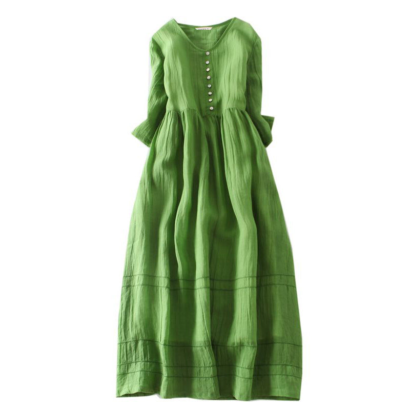 Real shot 2024 summer new literary loose splicing solid color cotton and linen round neck five-quarter sleeve dress women's medium and long