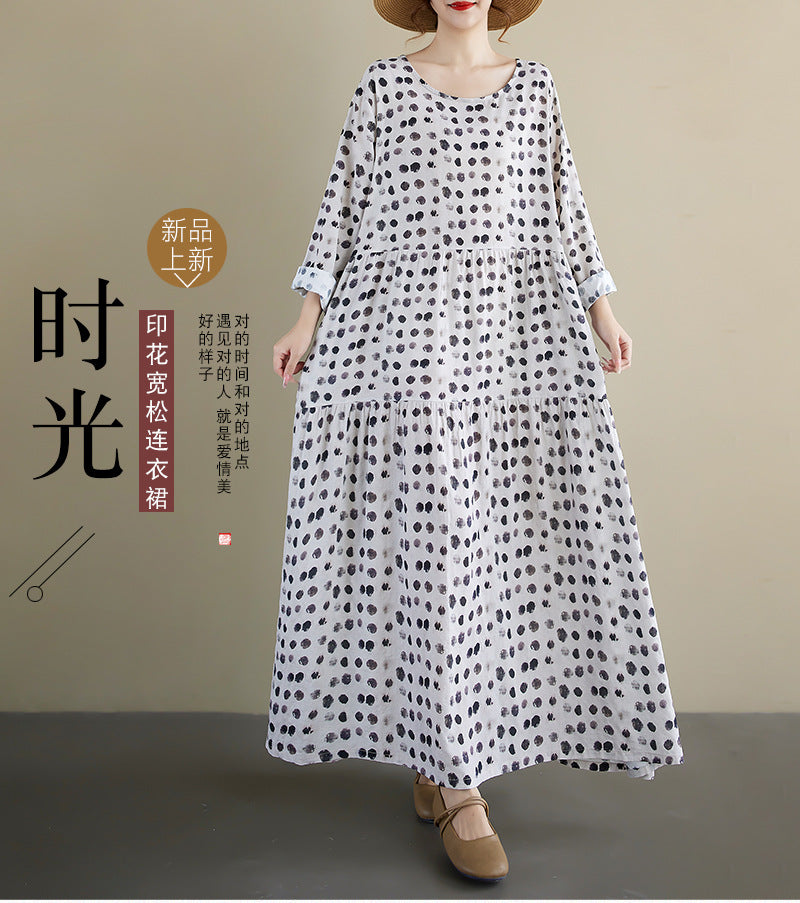 2025 autumn new bohemian casual round neck long-sleeved pleated skirt polka dot foreign trade dress women