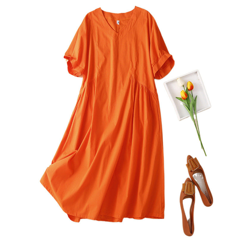 Real shot 2025 summer new literary large size loose solid color V-neck short-sleeved dress women's medium and long #8010