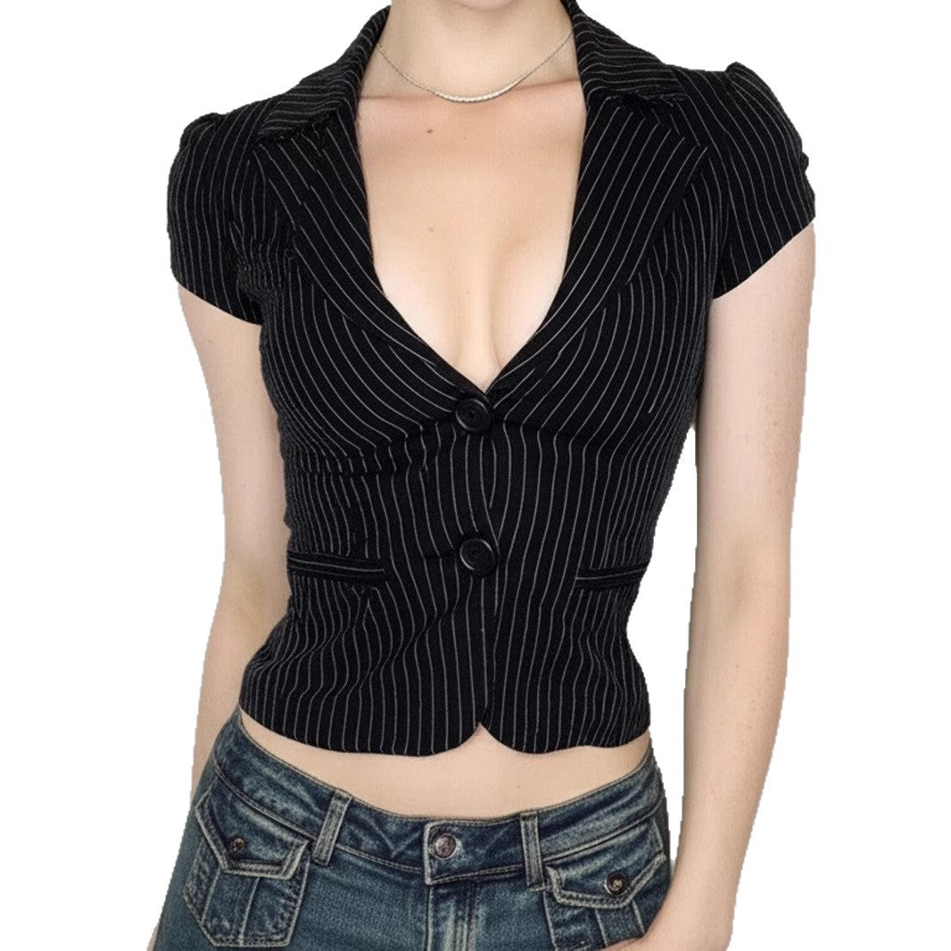 BM American Spice Girl Deep V Lapel Striped Shirt Two Button Cardigan Waist Short Sleeve Commuter Basic Suit