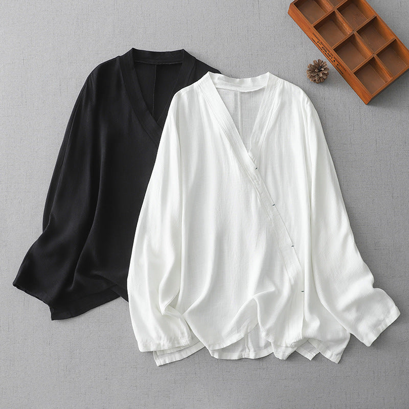 2025 retro cotton and linen Chinese style women's Zen tea clothes Buddhist diagonal top large size Buddhist suit yoga shirt women