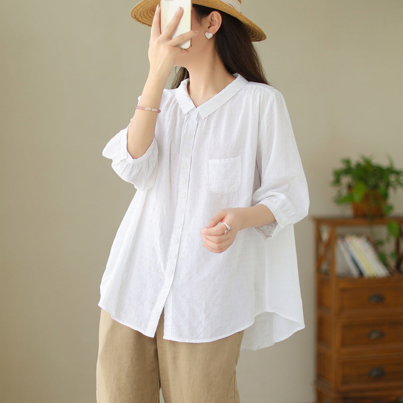 Real shot 2025 summer new large size solid color four-eye buckle retro literary loose and thin shirt top women