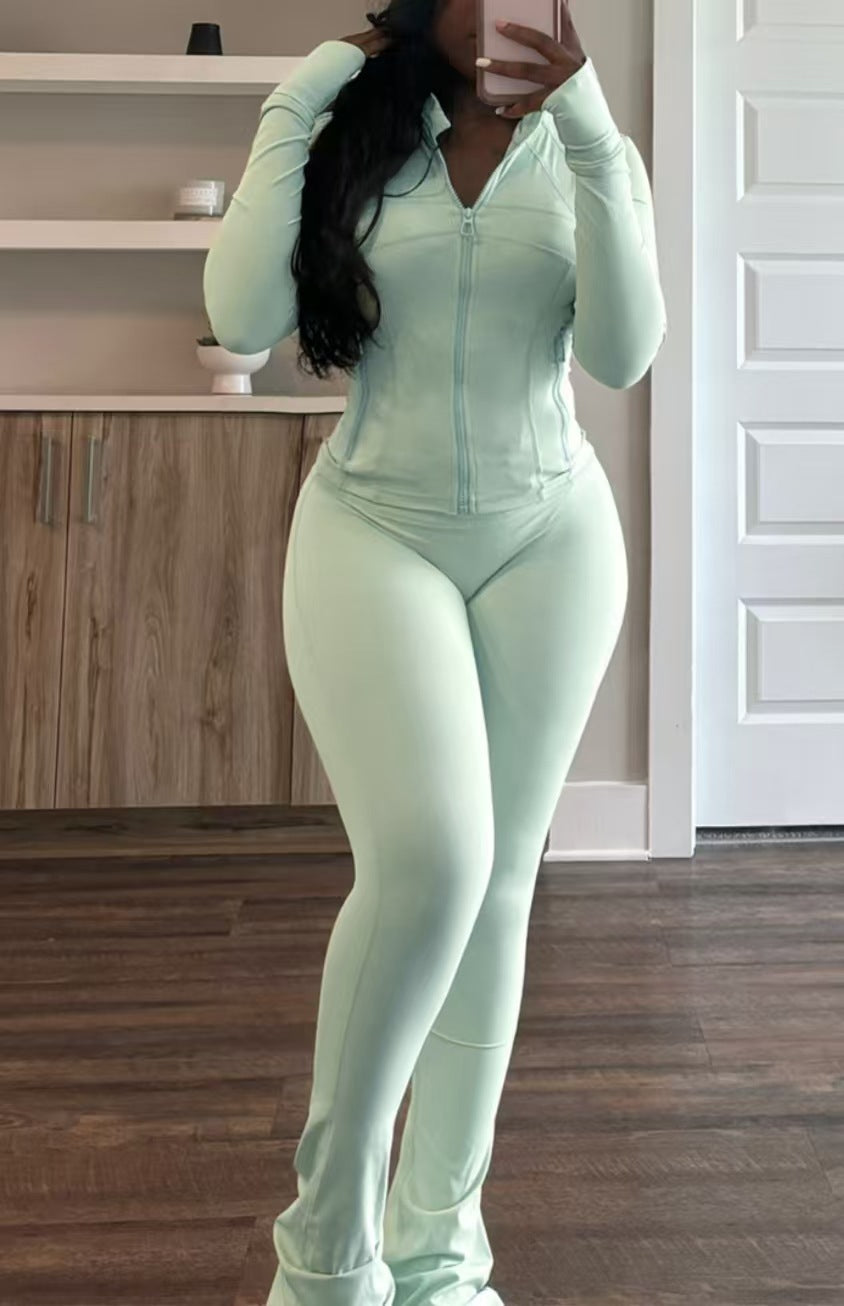 2025 Amazon, Europe, America, spring and summer cross-border sports and leisure women's clothing, sexy tight-fitting long-sleeved micro-speaker two-piece set