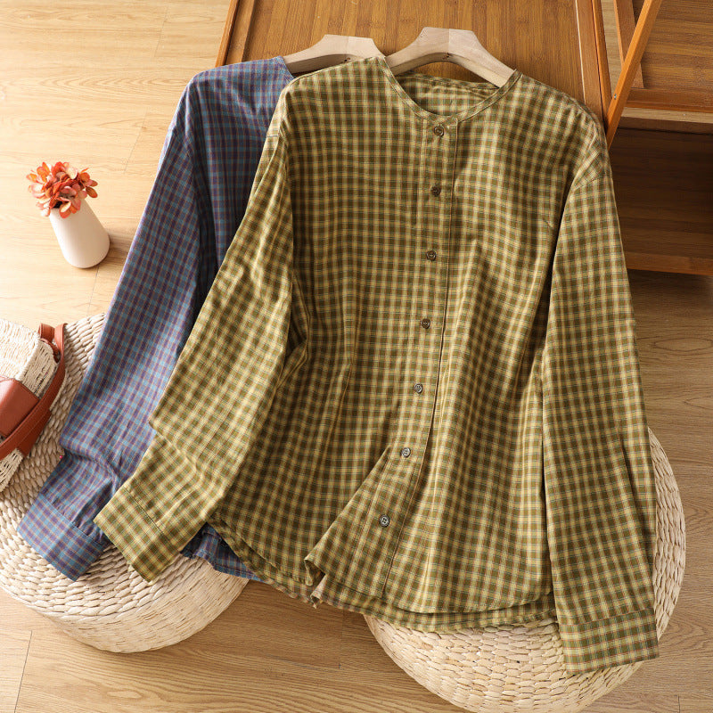 Real shot 2025 autumn new literary plaid long-sleeved cotton and linen plaid round neck shirt jacket women's shirt