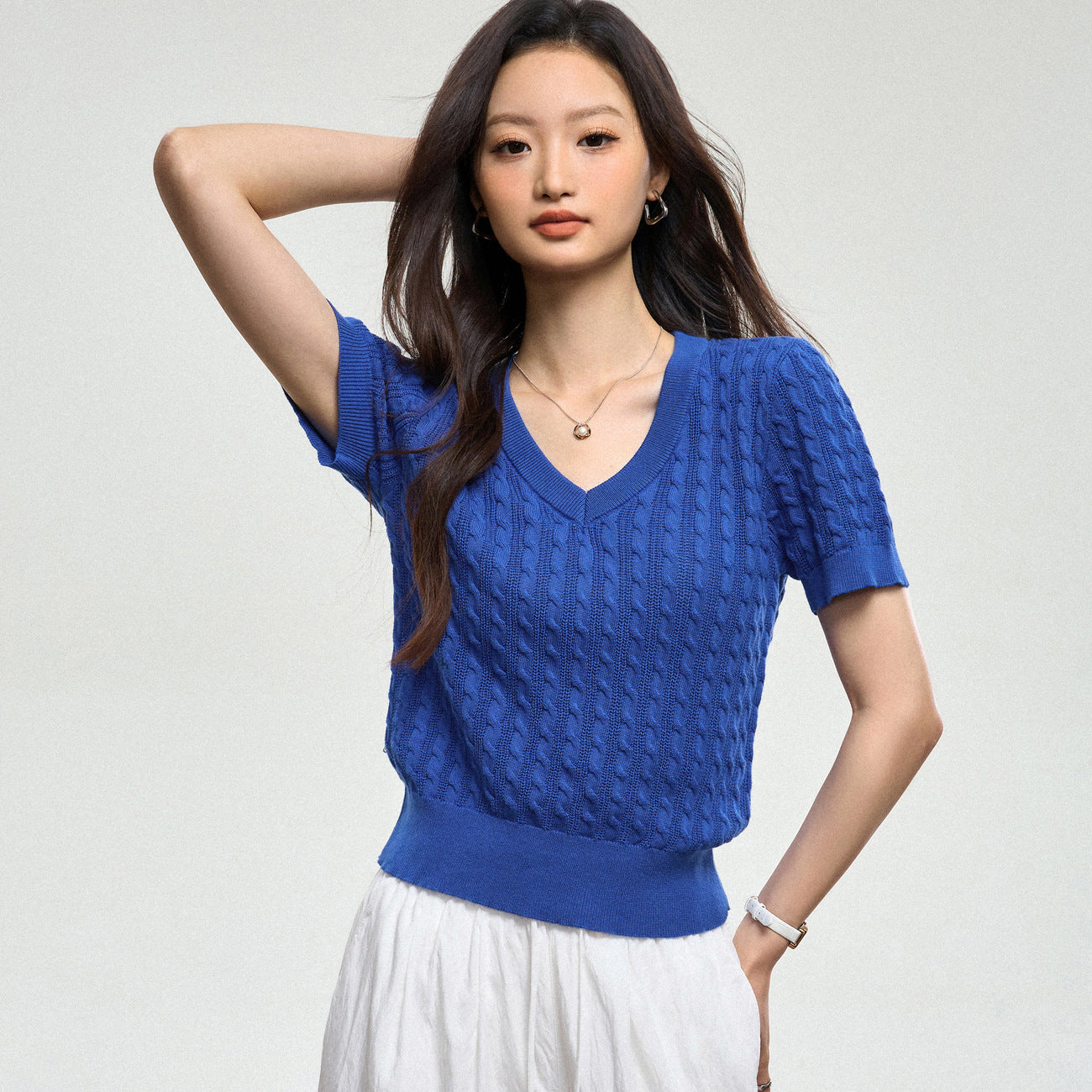 100% cotton and linen knitted sweater V-neck women's summer 2026 new Korean simple loose versatile and thin short-sleeved top