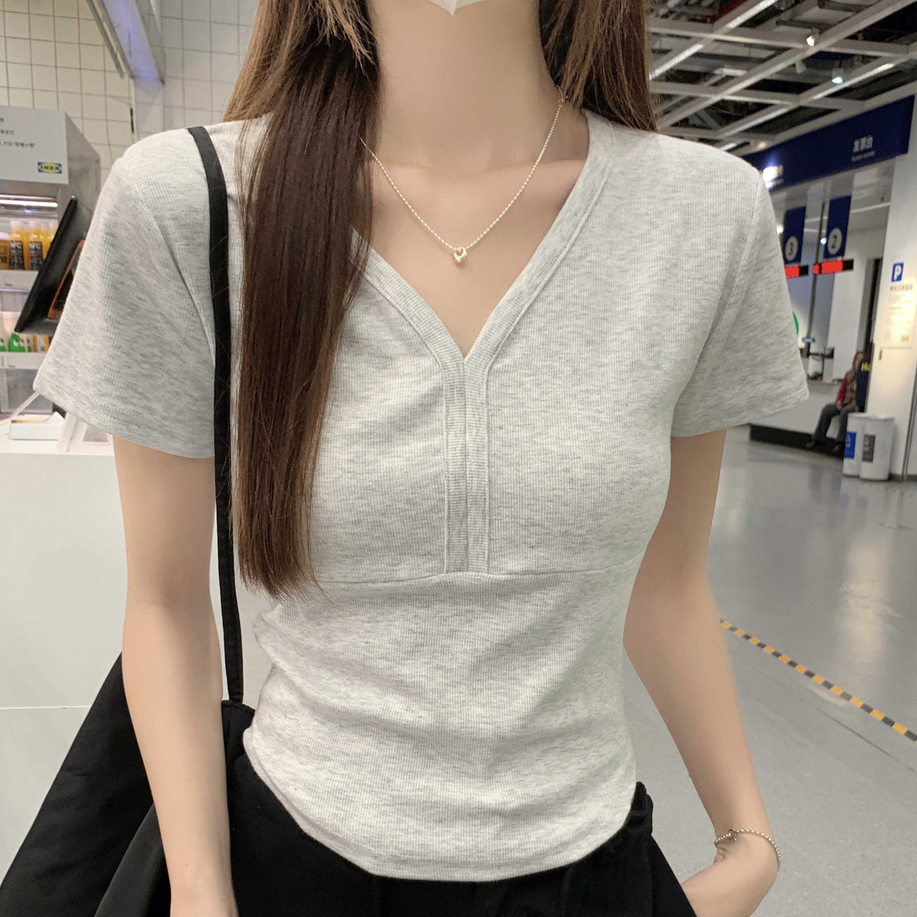 #260 Youke Silk Zhen Quality #Korean Shoulder V-Neck Short Sleeve T-Shirt Women's Summer New Simple Solid Color Versatile Top