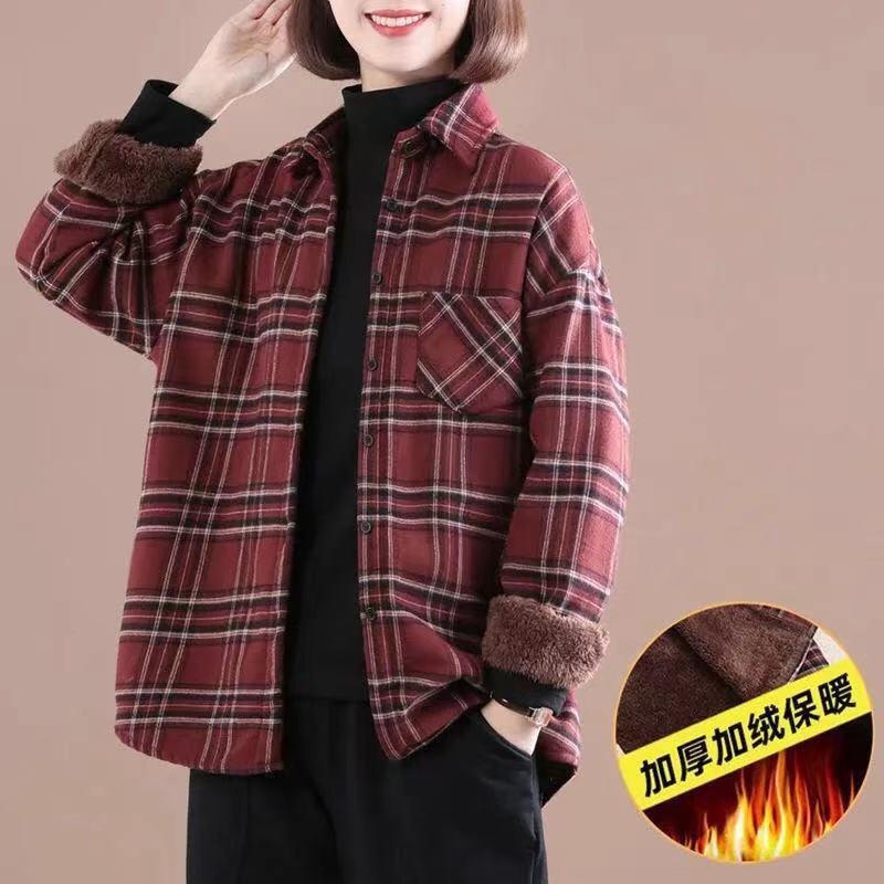 Foreign trade women's clothing 2025 autumn and winter new cotton and linen piled thickened plaid shirt jacket