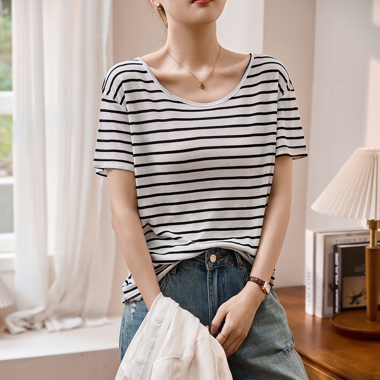 #Tencel wool, nude fried thin, skin-friendly and ice-cool #loose T-shirt women's summer short-sleeved black and white striped top to wear