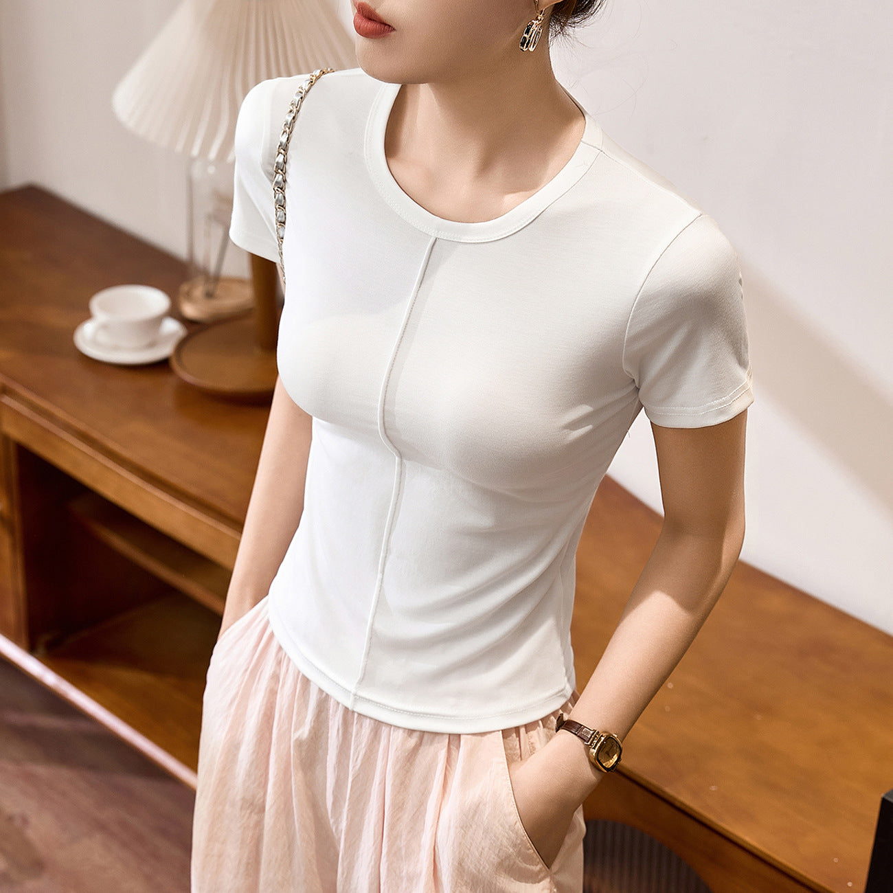 #Tencel Lyocell cotton, Zhen quality #bright line design T-shirt women's short-sleeved tight-fitting inner round neck top