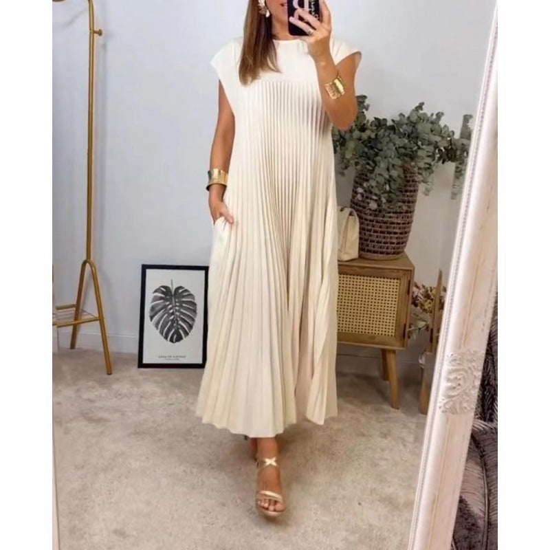 2025 new holiday style Amazon cross-border fashion round neck sleeveless pleated dress women's long dress