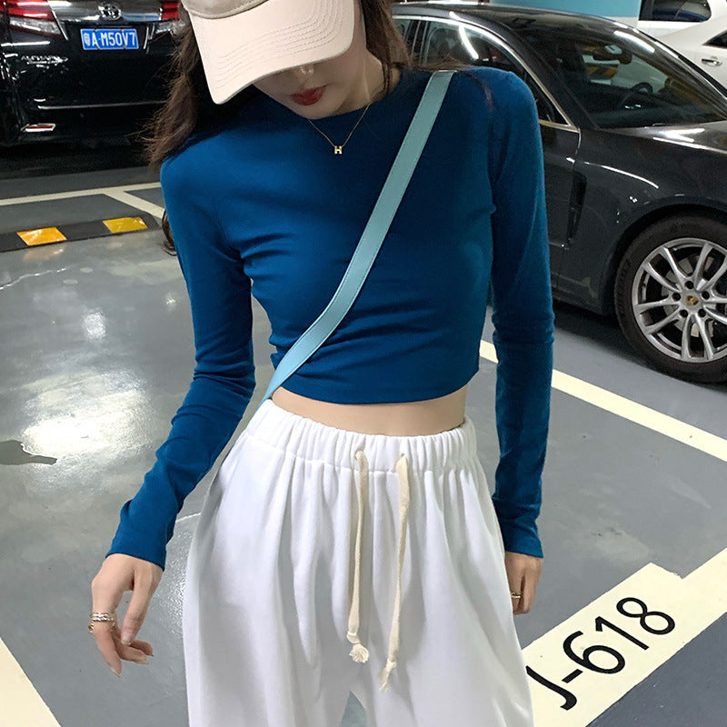 Selection of pure cotton high-waisted short T-shirt for women's 2026 autumn clothes, new inner with off-the-button long-sleeved top, slim-fitting bottoming shirt