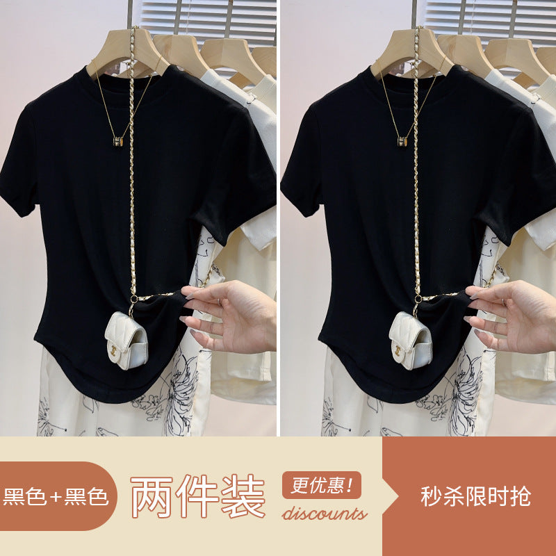 Irregular curved white ice silk short-sleeved t-shirt women's drape feeling slim and thin versatile thin semi-turtleneck top trendy