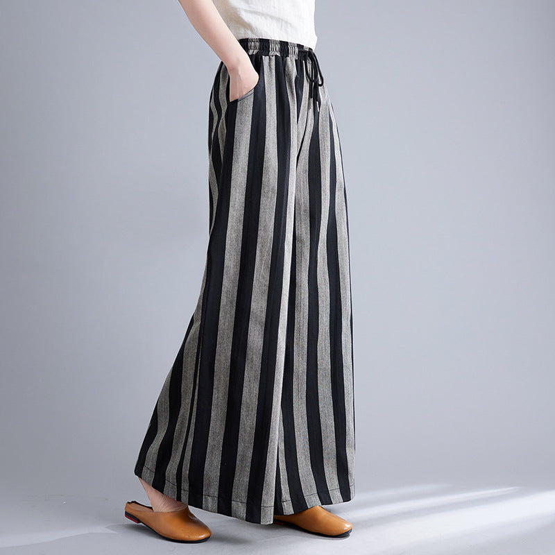 Real shot 2025 spring new retro literary loose striped elastic waist wide leg pants casual trousers women 8247